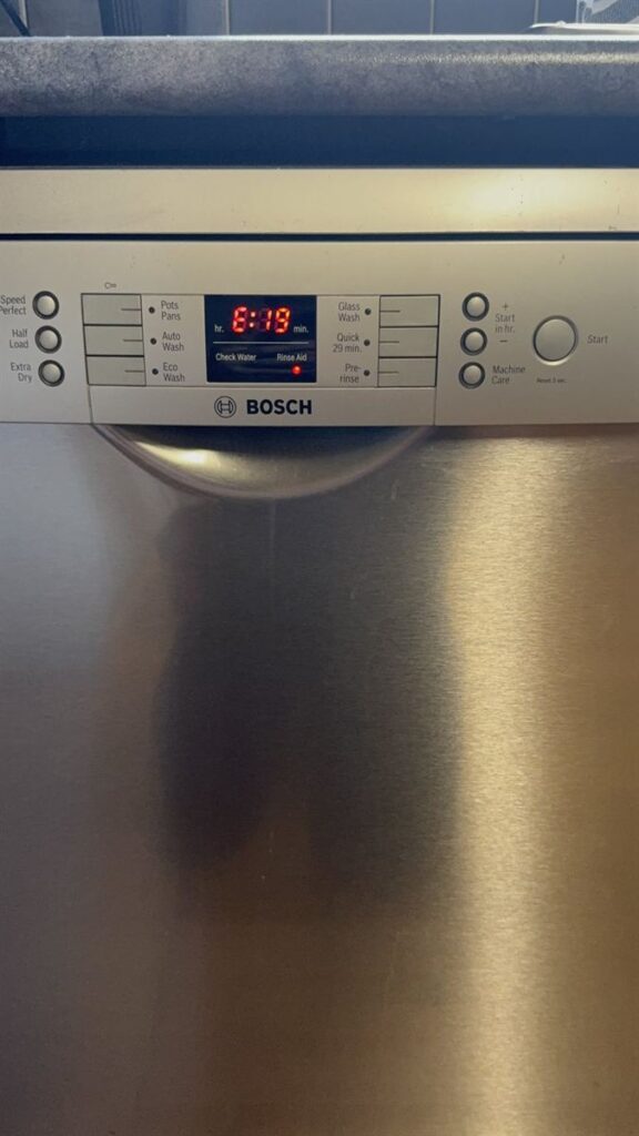 Bosch dishwasher control panel showing the E19 error before the repair in Whittlesea