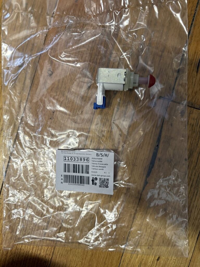 Replacement Bosch dishwasher outlet valve in its packaging